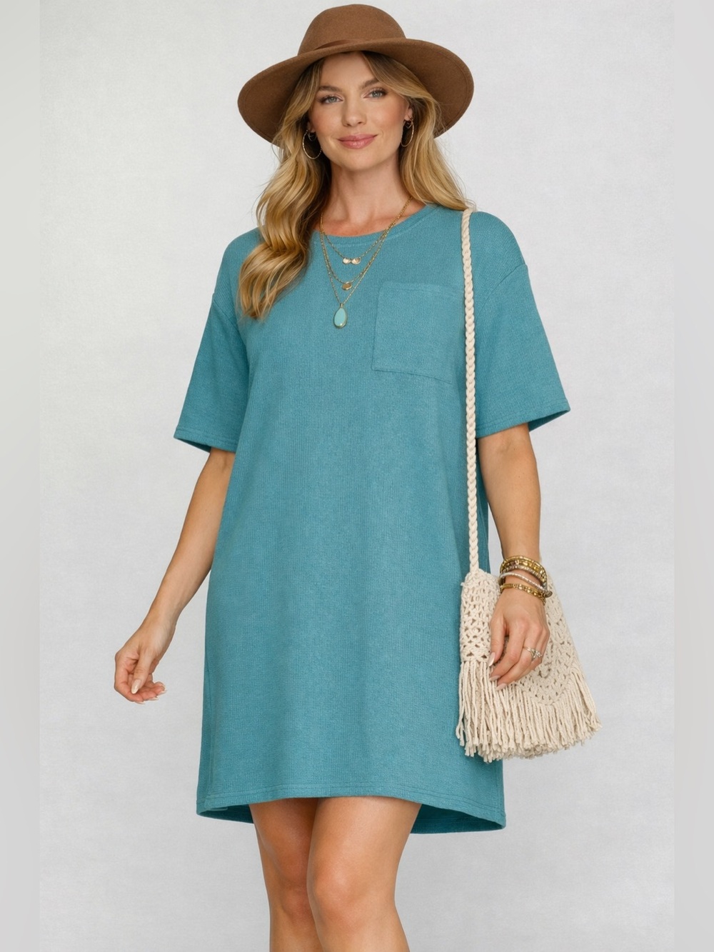 Teal Short Sleeve Dress with front and side Pockets